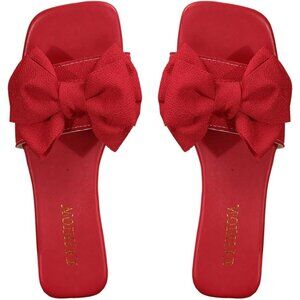 Women's Bow Red Square Toe Flat Summer Sandals Slides Slip On Shoes